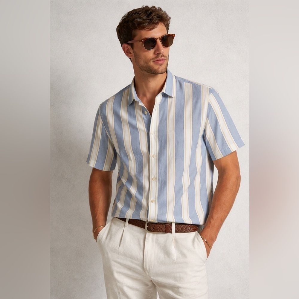 Ted Baker Blue Off White Vertical Stripe Short-Sleeve Lightweight Shirt Size 5